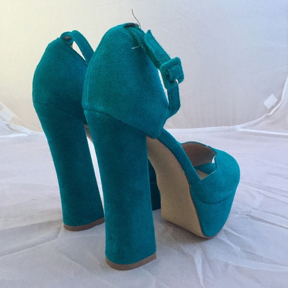 6.5 Shoemint Chloe Turquoise Suede Platform Heels - Picture 2 of 5